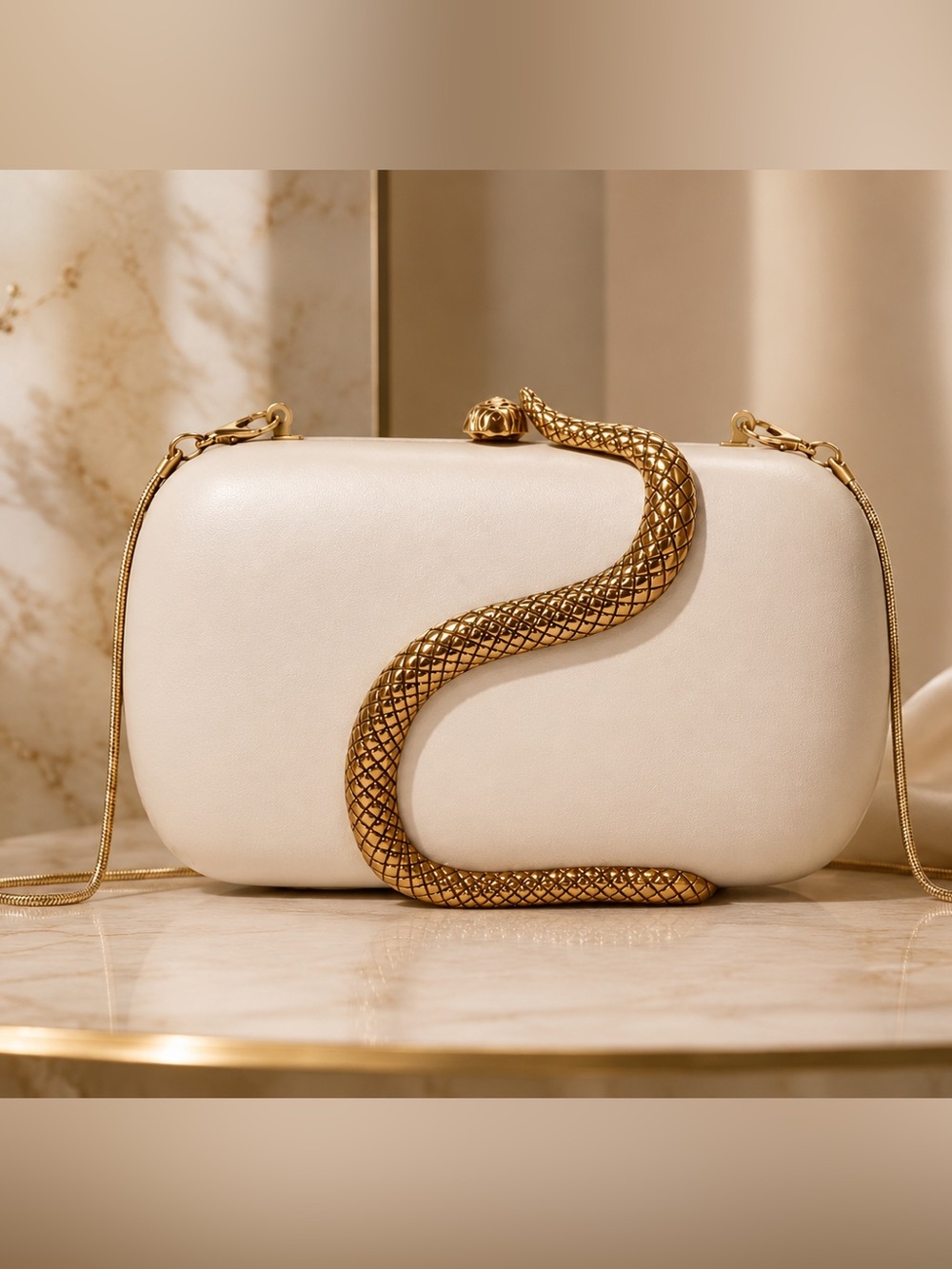 White Evening Clutch with Gold Snake Detail - Picture 3 of 6